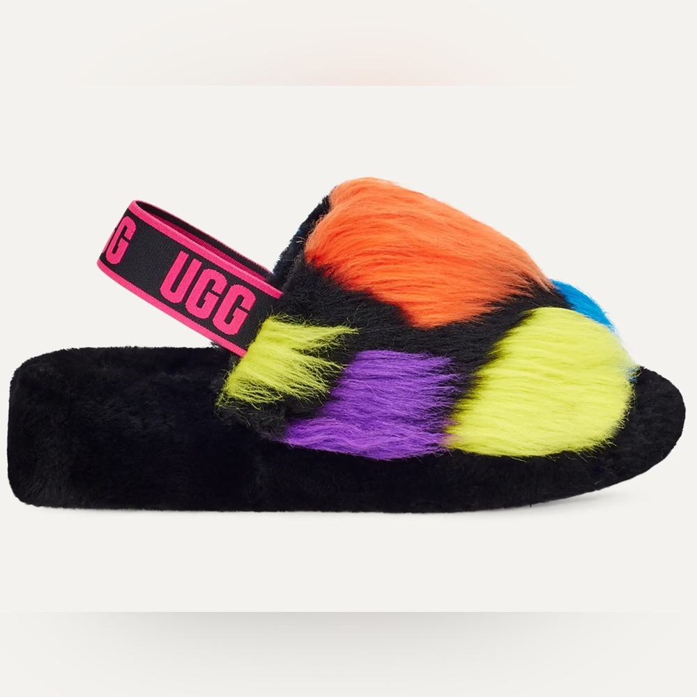 UGG Multicolor Fuzzy Slide Slippers with Pink Logo Strap